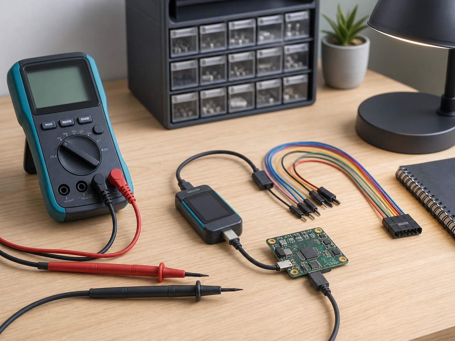 Electronics diagnostic bench with multimeter probes, USB-C tester, logic leads, and small circuit board