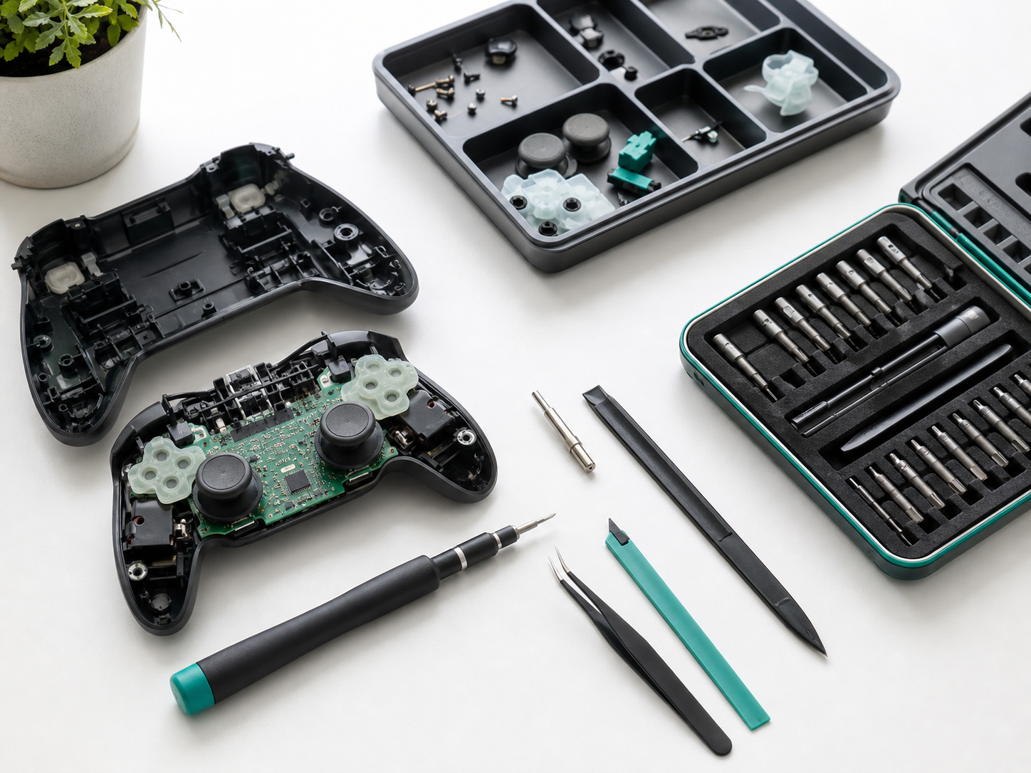 Electronics repair tools, driver bits, tweezers, screw tray, and opened controller shell