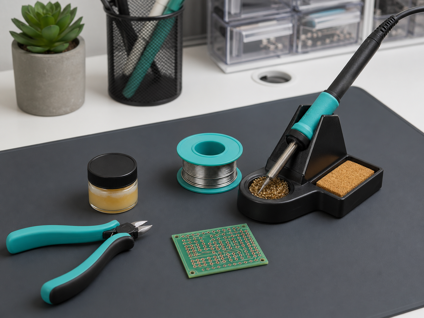 Organized soldering bench with iron, solder, flux, cutter, and practice circuit board
